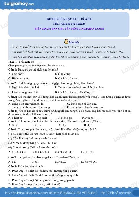 Đề thi giữa kì 1 KHTN 8 Cánh diều - Đề số 10